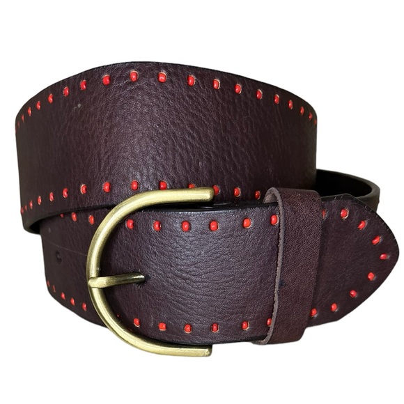 Coldwater Creek Accessories - COLDWATER CREEK Genuine Leather Brown With Red Bead Detail Gold Buckle Size Med